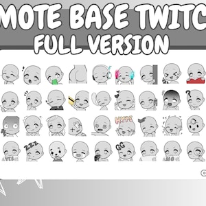 Puede incluir: Un conjunto de 36 bases de emotes de dibujos animados en blanco y negro para Twitch. Los emotes presentan varias expresiones y acciones, incluyendo guiños, pensamientos, sueños, y más.