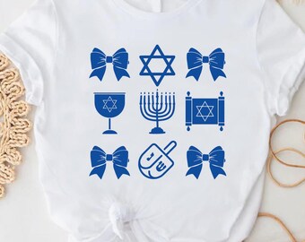 Hanukkah Bows Shirt, Cute and Festive Jewish Holiday Tee, Blue Bow Design, Chanukah Celebration Shirt, Gift for Hanukkah Season