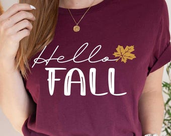 Hello Fall Shirt, Autumn Leaves Graphic Tee for Women, Cute Cozy Fall Aesthetic Shirt, Pumpkin Season Outfit, Thanksgiving Top