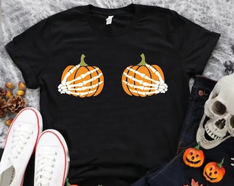 Skeleton Hands Shirt,Pumpkin Boobies Shirt,Funny Halloween Shirt,Girl Halloween Shirt,Trick or Treat Tee,Women Fall Shirt,Thanksgiving Shirt