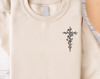 Embroidered Floral Cross Sweatshirt,Christian Crewneck Sweatshirt, Floral Cross Pullover, Faith Based Tee,Women Thanksgiving,Christmas  Gift