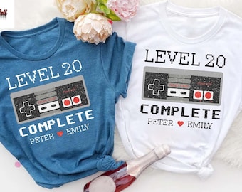 Personalized Level Complete Anniversary Shirt,Custom Couples Matching Tees,20th Anniversary Gift,Level 20 Complete Anniversary,Gamer Husband