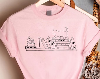 Cat Book Shirt, Cat Lover Gift,Books and Cat Tshirt,Reading Shirt,Teacher Gift Shirt,Cat Mom Shirt, Cute Cat Shirt,Bookworm Gift,Bookish Tee