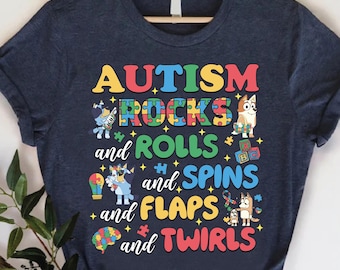 Chemise rock and roll pour autisme - tourne, rabat et virevolte, t-shirt amusant et sensoriel, coton doux, coupe confortable, fierté neurodivergente, chemise pour enfant