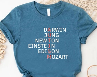 May include: A teal blue t-shirt with the word "AUTISM" spelled out vertically using the first letters of the names of famous people: Darwin, Jung, Newton, Einstein, Edison, Mozart.