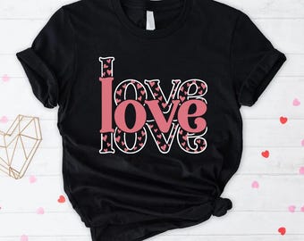 Love Heart Pattern Shirt, Retro Love Graphic Tee, Valentine's Day Black Gift
