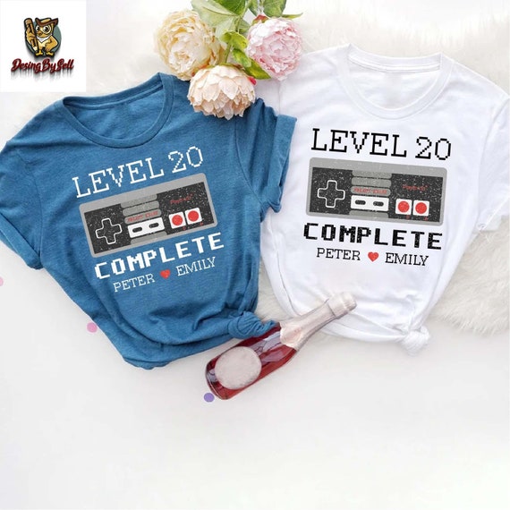 Personalized Level Complete Anniversary Shirt,Custom Couples Matching Tees,20th Anniversary Gift,Level 20 Complete Anniversary,Gamer Husband