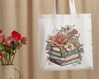 Books Tote Bag,Eco Friendly,Book Lover Gift,Women Teacher Gifts,Books And Flowers,Librarian,Bookworm Gift,Book Lover Tote, Bookish Tote Bag