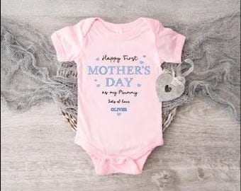 Personalized Happy First Mother's Day Baby Apparel, Custom Mummy Bodysuit with Name Gift