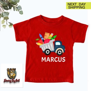a red shirt with an image of a truck filled with food