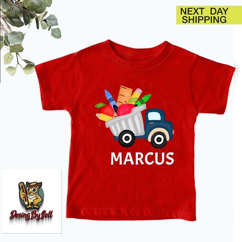 a red shirt with an image of a truck filled with food