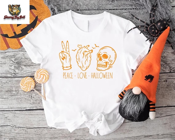 Peace Love Halloween Shirt,Skeleton Tshirt,Skeleton Halloween Costume,Witch Vibes Shirt, Spooky Season Gift Tee, Skull Halloween T-Shirt