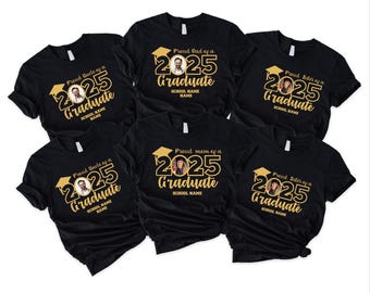 May include: Six black t-shirts with gold text and a graduation cap design. Each shirt features the year "2025" and the words "Graduate". The shirts have different titles, including "Proud Uncle of a Graduate", "Proud Dad of a Graduate", "Proud Mom of a Graduate", and "Proud Sister of a Graduate".