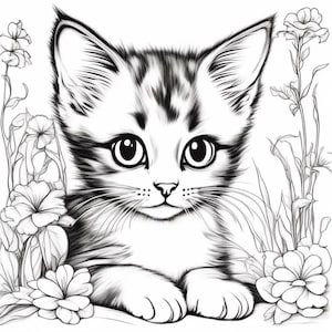 May include: A black and white line drawing of a kitten with large eyes, sitting in a field of flowers. The kitten is looking directly at the viewer.