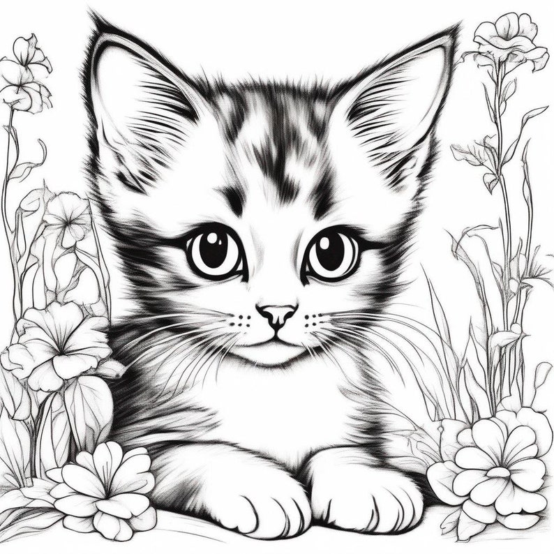 May include: A black and white line drawing of a kitten with large eyes, sitting in a field of flowers. The kitten is looking directly at the viewer.