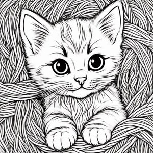 May include: A black and white line drawing of a kitten with large eyes, nestled in a ball of yarn.
