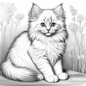 May include: A black and white pencil drawing of a fluffy, long-haired cat sitting with its paws tucked under its body. The cat is looking directly at the viewer with large, round eyes. The background is a simple, white background with a few flowers drawn in the background.
