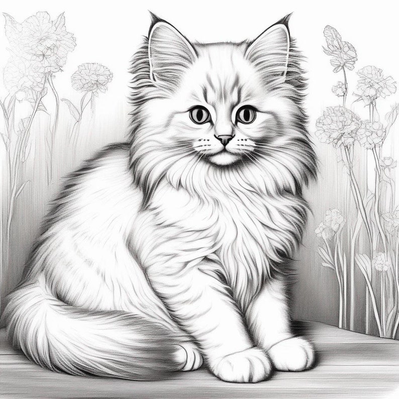 May include: A black and white pencil drawing of a fluffy, long-haired cat sitting with its paws tucked under its body. The cat is looking directly at the viewer with large, round eyes. The background is a simple, white background with a few flowers drawn in the background.
