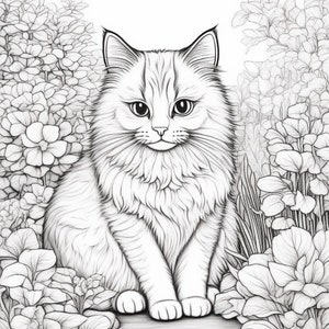 May include: A black and white line drawing of a fluffy cat sitting in a garden of flowers. The cat is looking directly at the viewer with a sweet expression.