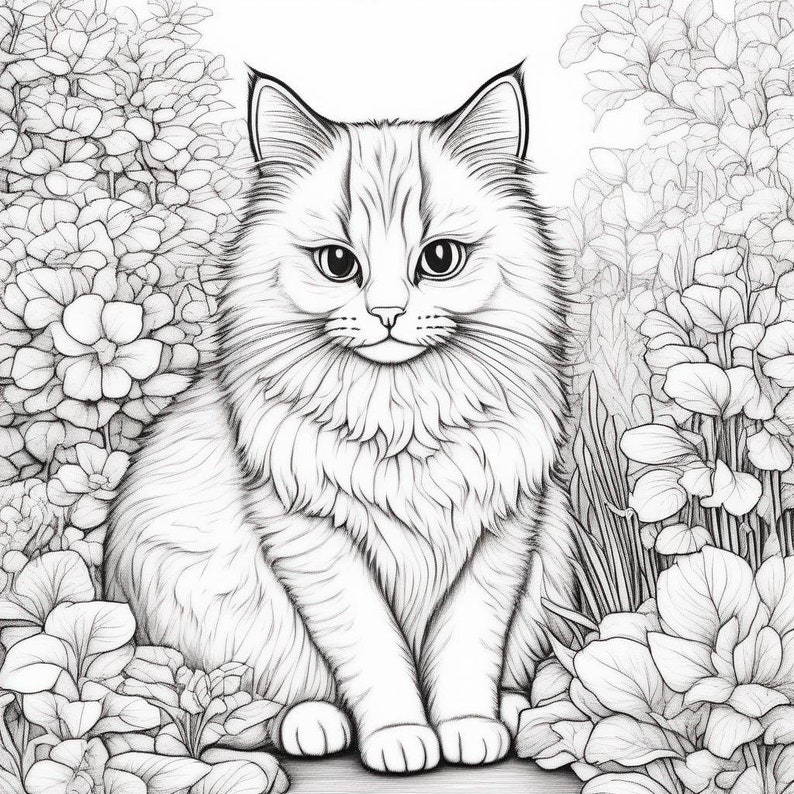 May include: A black and white line drawing of a fluffy cat sitting in a garden of flowers. The cat is looking directly at the viewer with a sweet expression.