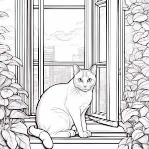 May include: A black and white line drawing of a cat sitting on a windowsill looking out at a city skyline. The cat is sitting on a windowsill with a window open behind it. The cat is looking out at a city skyline with buildings in the distance.