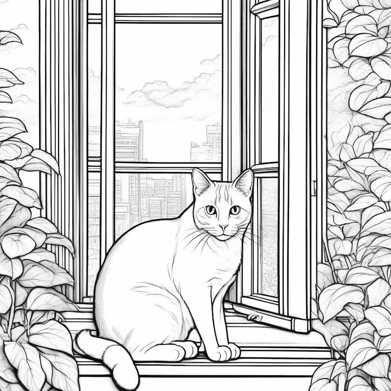 May include: A black and white line drawing of a cat sitting on a windowsill looking out at a city skyline. The cat is sitting on a windowsill with a window open behind it. The cat is looking out at a city skyline with buildings in the distance.