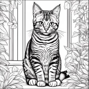 May include: A black and white line drawing of a tabby cat sitting in front of a window with plants on either side.
