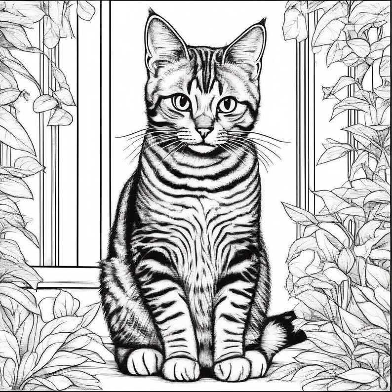 May include: A black and white line drawing of a tabby cat sitting in front of a window with plants on either side.