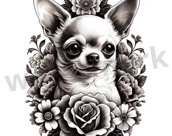 Vintage Style Floral Chihuahua PNG, Old-fashioned Flower Dog Sublimation Design, Canine Flower Bouquet Graphic Digital Download Illustration