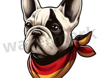 Vintage Style French Bulldog with German Flag Bandanna PNG, White Frenchie Sublimation Design, Dog Graphic Digital Download Illustration