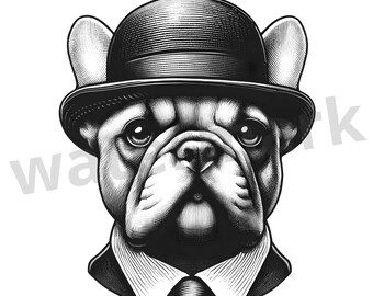 Vintage Style French Bulldog with Hat and Tie PNG, Old-fashioned Frenchie Sublimation Design, Cute Dog Graphic Digital Download Illustration