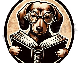 Vintage Style Dachshund Reading A Book With Glasses PNG, Old-fashioned Doxie Sublimation Design, Dog Graphic Digital Download Illustration