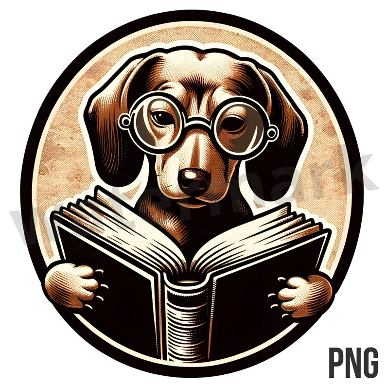 Vintage Style Dachshund Reading A Book With Glasses PNG, Old-fashioned Doxie Sublimation Design, Dog Graphic Digital Download Illustration zdjęcie 1