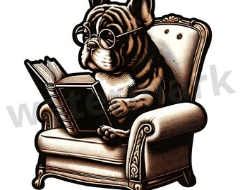 Vintage Style Frenchie Reading A Book With Glasses PNG, Old-fashioned French Bulldog Sublimation Design, Dog Digital Download Illustration