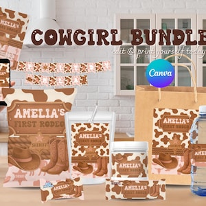 Cowgirl Party Bundle Kit, First Rodeo Party Favors, Digital Download Cowboy Western, Birthday Favors Editable & Printable Template Canva