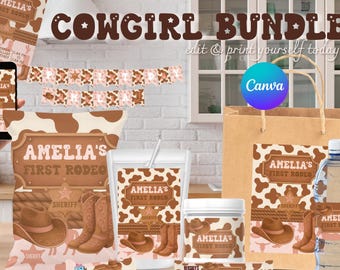 Cowgirl First Rodeo Party Bundle, Editable Template (Digital Download)
