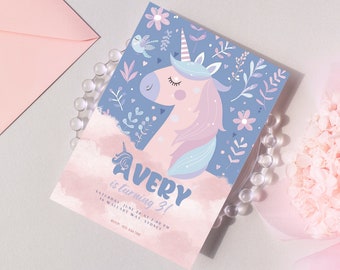 Unicorn Birthday Invitation, Rainbow Unicorn Birthday Invitation, 1st Birthday Girl, Pastel Unicorn Invitation Printable, Unicorn Invitation