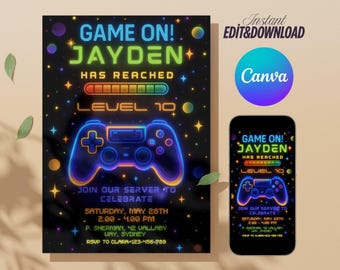 May include: A black invitation with neon blue and green text that reads "Game On! Jayden has reached Level 10." A neon blue game controller is featured. A smartphone displays the same design. The Canva logo is visible.