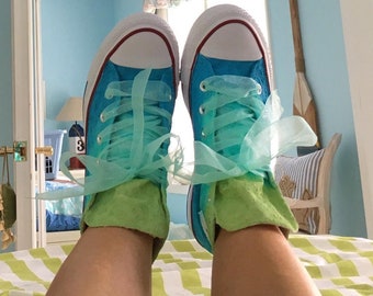 Custom Sneakers For Tween GIrl with Ribbon Laces HandPainted Converse for Bridal Party Flower Girl Ombre Colors from Lime Green to Teal Blue