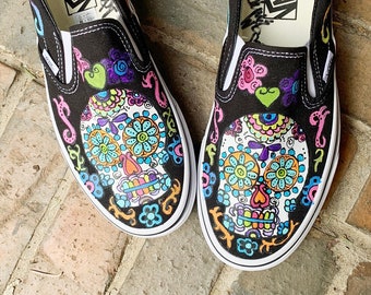 Black Vans, Custom Hand Painted Sugar Skulls Slip on Shoes, Skater GIft, Calaveras Footwear for Summer Skateboarding, Vacation Wear, Sneaker