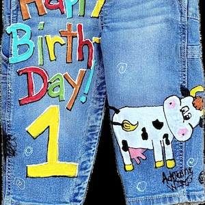 Denim Overalls HandPainted Barnyard Birthday Outfit, Farm Animal Party Clothing, Dungarees, Cow, Pig, Chicks, Horse, Toddler Boy Gift