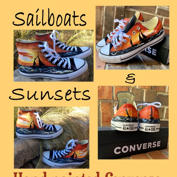 Converse High or Low Tops Painted Sailboats and Sunsets on Black Sneakers Vacation Cruisewear Island Chucks, Casual Boat Shoes, Lake, Beach