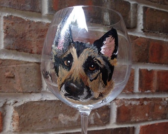 Hand Painted German Shepherd Wine Glass, Custom Dog Portrait