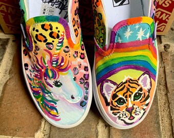 Vans for Kids Painted with Tiger and Unicorn in Rainbow Leopard Print Slip on Shoes, Bright Color Sneakers for Girls, Back to School  Gift