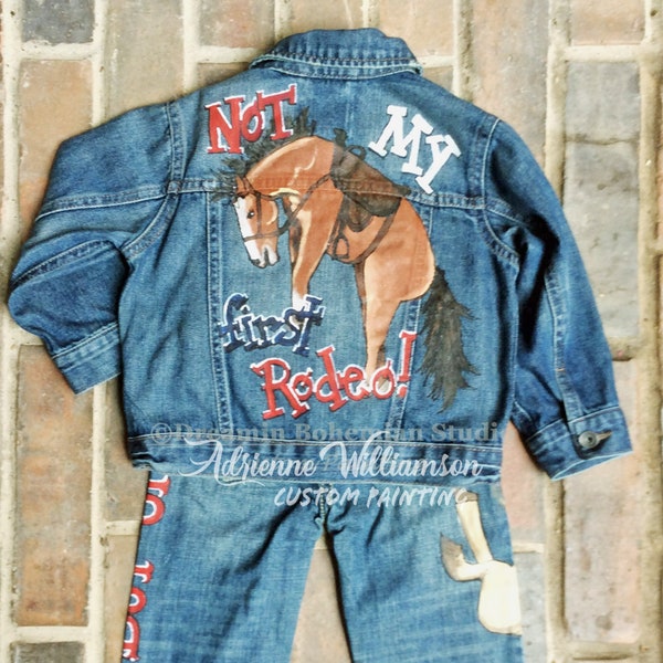 Toddler Custom Painted Denim Jacket and Jeans, Western Rodeo Theme, Birthday Outfit for Boys, Bucking Bronco Horse,, Cowboy Up! 2T-5T