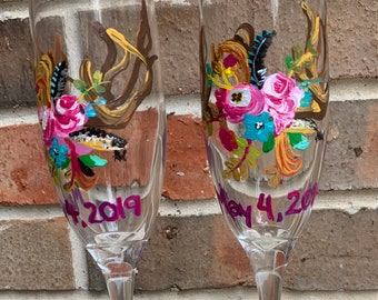 HandPainted Wedding Champagne Flutes Toasting Glasses, Hand Painted Roses, Deer Antlers, Set of 2, Woodland Newlywed Decor Bridal Gift