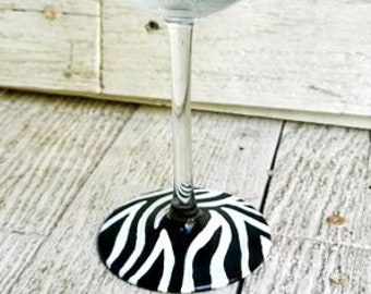 Painted Wine Glass with Zebra Pattern on the base of the stem only, Safari Animal Print Bar Decor, Party Glasses, Girls Night Out, Barware