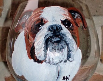 English Bulldog Wine Glass,Custom painted wine glasses with Pet Portrait, Painting from Photo, Stemless Wine Glasses, Personalized Present