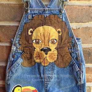 Denim Overalls, Painted Dungarees, Elephant, Toucan, Giraffe, Zoo Themed Toddler Clothing for Birthday Party, Gift for Boys, Girls, Children