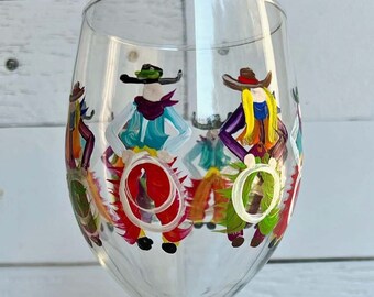 Dinner Wine Glasses with Colorful Hand Painted Cowboy and Cowgirl, Stemware, Pilsner, Western Glassware for Ranch Style Decor, Horse, Cattle